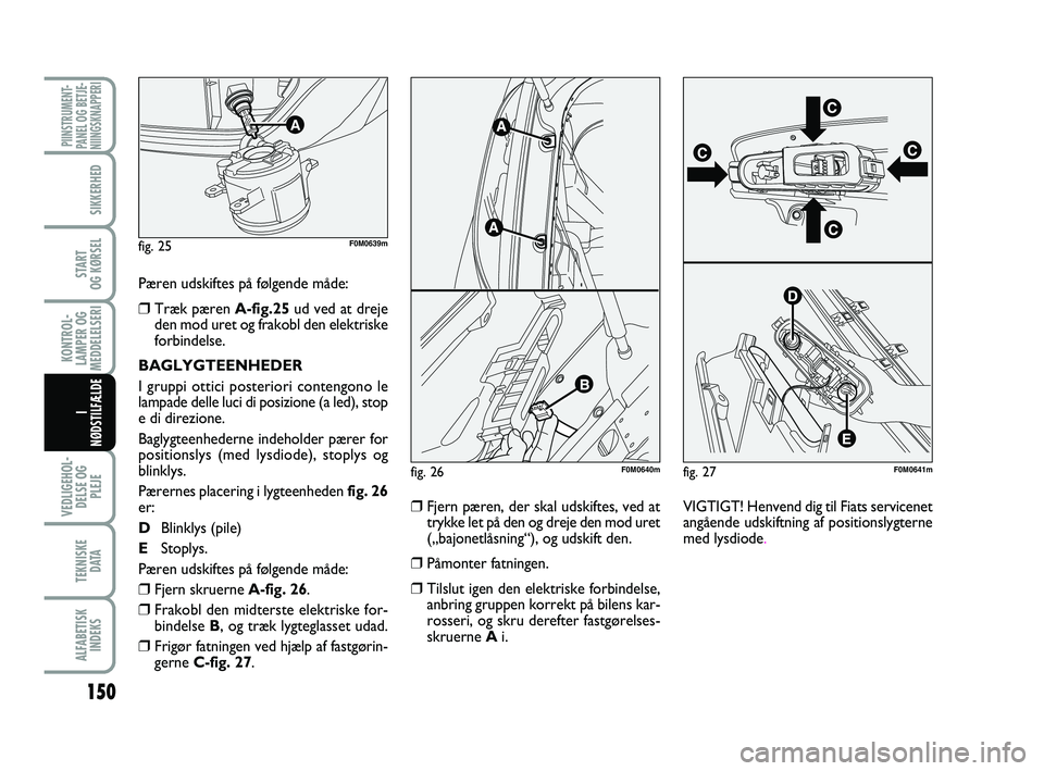FIAT PUNTO 2017  Brugs- og vedligeholdelsesvejledning (in Danish) 150
VEDLIGEHOL-DELSE OG PLEJE
TEKNISKE D ATA
ALFABETISKINDEKS
PIINSTRUMENT-
PANEL OG BETJE-
NIINGSKNAPPERI
SIKKERHED
START
OG KØRSEL
KONTROL-
LAMPER OG
MEDDELELSERI
I 
NØDSTILFÆLDE
Pæren udskiftes
