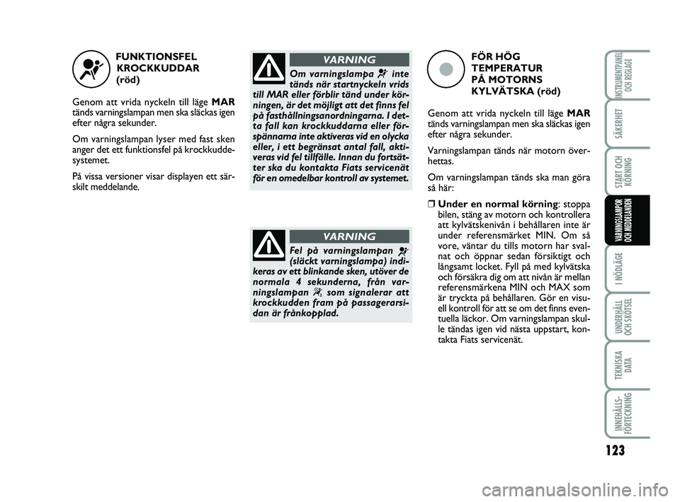FIAT PUNTO 2019  Drift- och underhållshandbok (in Swedish) 123
SÄKERHET
START OCHKÖRNING
I NÖDLÄGE
UNDERHÅLL
OCH SKÖTSEL
TEKNISKA D ATA
INNEHÅLLS-
FÖRTECKNING
INSTRUMENTPANEL OCH REGLAGE
VARNINGSLAMPOR
OCH MEDDELANDEN
FUNKTIONSFEL 
KROCKKUDDAR 
(röd)