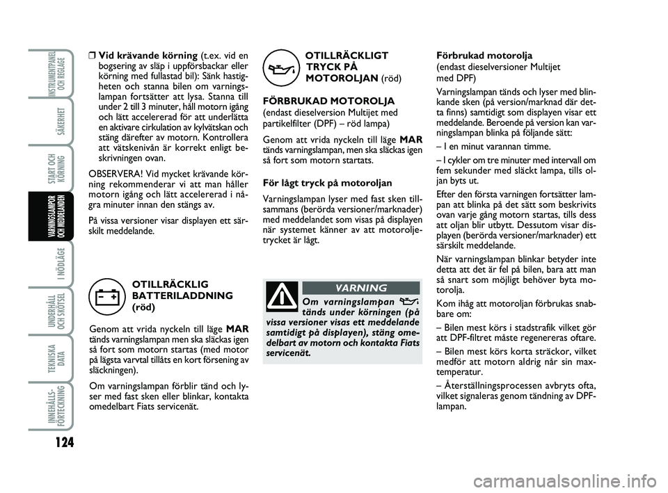 FIAT PUNTO 2019  Drift- och underhållshandbok (in Swedish) 124
SÄKERHET
START OCHKÖRNING
I NÖDLÄGE
UNDERHÅLL
OCH SKÖTSEL 
TEKNISKA D ATA
INNEHÅLLS-
FÖRTECKNING
INSTRUMENTPANEL OCH REGLAGE
VARNINGSLAMPOR
OCH MEDDELANDEN
OTILLRÄCKLIGT
TRYCK PÅ
MOTOROL
