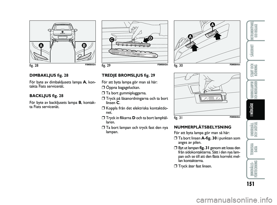 FIAT PUNTO 2019  Drift- och underhållshandbok (in Swedish) 151
SÄKERHET
START OCHKÖRNING
VARNINGSLAMPOR
OCH MEDDELANDEN
UNDERHÅLL
OCH SKÖTSEL
TEKNISKA D ATA
INNEHÅLLS-
FÖRTECKNING
INSTRUMENTPANEL OCH REGLAGE
I NÖDLÄGE
DIMBAKLJUS fig. 28 
För byte av 