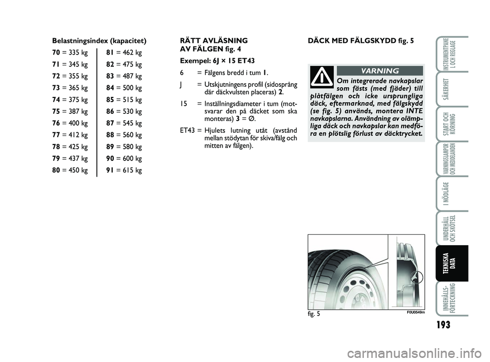 FIAT PUNTO 2019  Drift- och underhållshandbok (in Swedish) 193
SÄKERHET
START OCHKÖRNING
VARNINGSLAMPOR
OCH MEDDELANDEN
I NÖDLÄGE
UNDERHÅLL
OCH SKÖTSEL
INNEHÅLLS-
FÖRTECKNING
INSTRUMENTPANE L OCH REGLAGE
TEKNISKA D ATA
RÄTT AVLÄSNING
AV FÄLGEN fig.