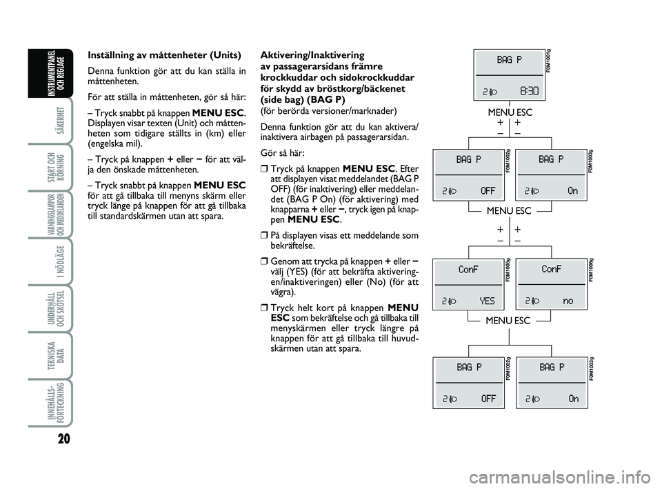 FIAT PUNTO 2019  Drift- och underhållshandbok (in Swedish) 20
SÄKERHET
START OCHKÖRNING
VARNINGSLAMPOR
OCH MEDDELANDEN
I NÖDLÄGE
UNDERHÅLL
OCH SKÖTSEL 
TEKNISKA D ATA
INNEHÅLLS-
FÖRTECKNING
INSTRUMENTPANEL OCH REGLAGE
Aktivering/Inaktivering 
av passa