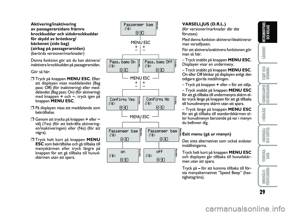 FIAT PUNTO 2019  Drift- och underhållshandbok (in Swedish) 29
SÄKERHET
START OCHKÖRNING
VARNINGSLAMPOR
OCH MEDDELANDEN
I NÖDLÄGE
UNDERHÅLL
OCH SKÖTSEL
TEKNISKA D ATA
INNEHÅLLS-
FÖRTECKNING
INSTRUMENTPANEL OCH REGLAGE
Aktivering/inaktivering 
av passag