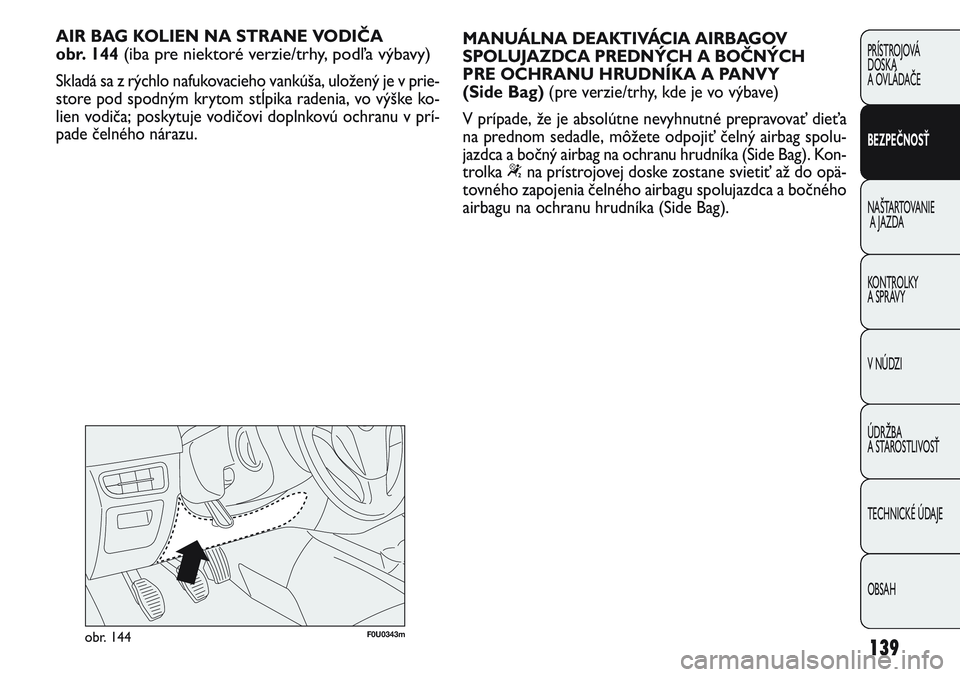 FIAT PUNTO 2011  Návod na použitie a údržbu (in Slovak) F0U0343mobr. 144
AIR BAG KOLIEN NA STRANE VODIČA 
obr. 144 
(iba pre niektoré verzie/trhy, podľa výbavy)
Skladá sa z rýchlo nafukovacieho vankúša, uložený je v prie-
store pod spodným kryto