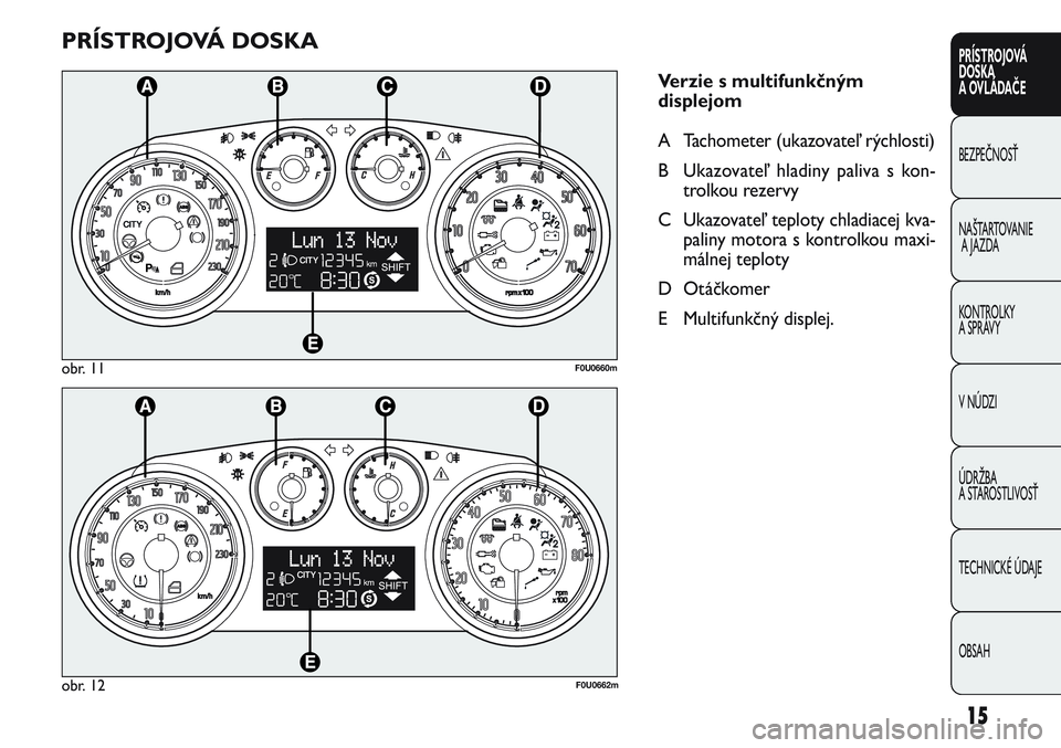 FIAT PUNTO 2011  Návod na použitie a údržbu (in Slovak) 15
PRÍSTROJOVÁ
DOSKA
A OVLÁDAČE
BEZPEČNOSŤ
NAŠTARTOVANIE
A JAZDA
KONTROLKY 
A SPRÁVY
V NÚDZI
ÚDRŽBA 
A STAROSTLIVOSŤ
TECHNICKÉ ÚDAJE
OBSAH
PRÍSTROJOVÁ DOSKA
Verzie s multifunkčným
di
