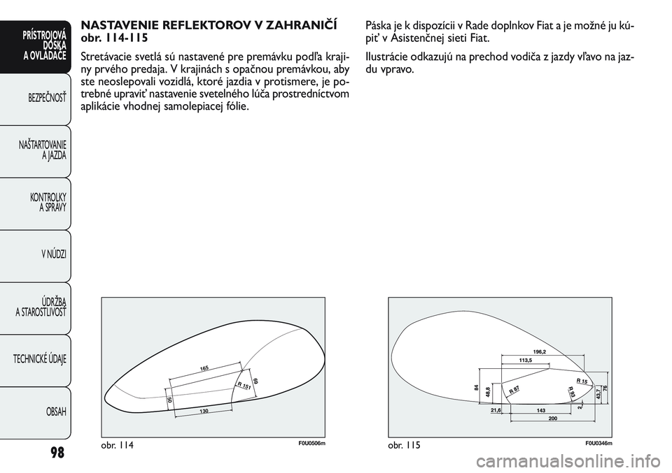 FIAT PUNTO 2011  Návod na použitie a údržbu (in Slovak) 98
PRÍSTROJOVÁ
DOSKA
A OVLÁDAČE
BEZPEČNOSŤ
NAŠTARTOVANIE 
A JAZDA
KONTROLKY 
A SPRÁVY
V NÚDZI
ÚDRŽBA 
A STAROSTLIVOSŤ
TECHNICKÉ ÚDAJE
OBSAH
NASTAVENIE REFLEKTOROV V ZAHRANIČÍ
obr. 114-