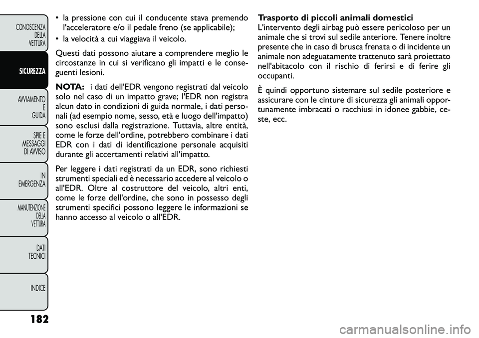 FIAT FREEMONT 2011 Libretto Uso Manutenzione (in Italian) • la pressione con cui il conducente stava premendol'acceleratore e/o il pedale freno (se applicabile);
• la velocità a cui viaggiava il veicolo.
Questi dati possono aiutare a comprendere me FIAT FREEMONT 2011 Libretto Uso Manutenzione (in Italian) • la pressione con cui il conducente stava premendol'acceleratore e/o il pedale freno (se applicabile);
• la velocità a cui viaggiava il veicolo.
Questi dati possono aiutare a comprendere me