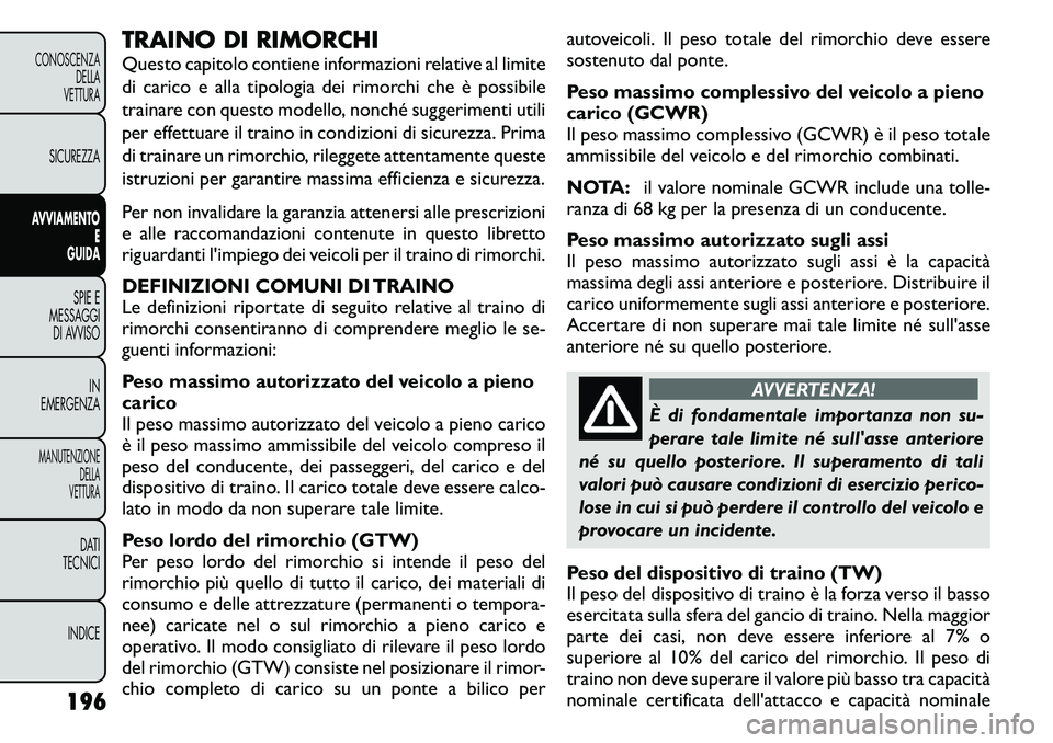 FIAT FREEMONT 2011 Libretto Uso Manutenzione (in Italian) TRAINO DI RIMORCHI
Questo capitolo contiene informazioni relative al limite
di carico e alla tipologia dei rimorchi che è possibile
trainare con questo modello, nonché suggerimenti utili
per effet FIAT FREEMONT 2011 Libretto Uso Manutenzione (in Italian) TRAINO DI RIMORCHI
Questo capitolo contiene informazioni relative al limite
di carico e alla tipologia dei rimorchi che è possibile
trainare con questo modello, nonché suggerimenti utili
per effet