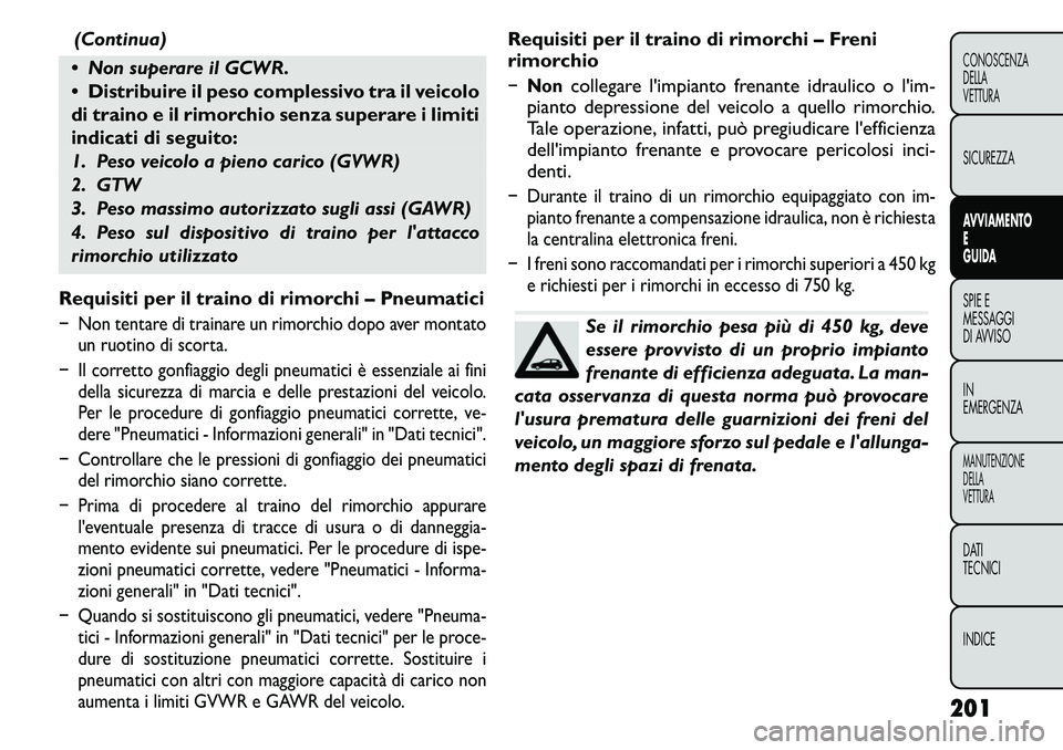FIAT FREEMONT 2011 Libretto Uso Manutenzione (in Italian) (Continua)
Non superare il GCWR. Distribuire il peso complessivo tra il veicolo
di traino e il rimorchio senza superare i limiti
indicati di seguito:
1. Peso veicolo a pieno carico (GVWR)
2. GTW FIAT FREEMONT 2011 Libretto Uso Manutenzione (in Italian) (Continua)
Non superare il GCWR. Distribuire il peso complessivo tra il veicolo
di traino e il rimorchio senza superare i limiti
indicati di seguito:
1. Peso veicolo a pieno carico (GVWR)
2. GTW