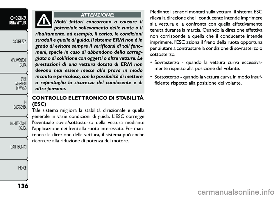 FIAT FREEMONT 2013 Libretto Uso Manutenzione (in Italian) ATTENZIONE!
Molti fattori concorrono a causare il
potenziale
sollevamento delle ruote o il
ribaltamento, ad esempio, il carico, le condizioni
stradali e quelle di guida. Il sistema ERM non è in
grad FIAT FREEMONT 2013 Libretto Uso Manutenzione (in Italian) ATTENZIONE!
Molti fattori concorrono a causare il
potenziale
sollevamento delle ruote o il
ribaltamento, ad esempio, il carico, le condizioni
stradali e quelle di guida. Il sistema ERM non è in
grad