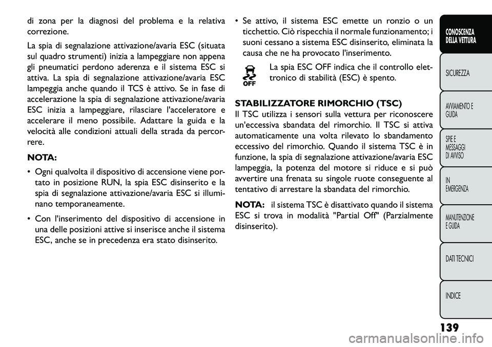 FIAT FREEMONT 2013 Libretto Uso Manutenzione (in Italian) di zona per la diagnosi del problema e la relativa
correzione.
La spia di segnalazione attivazione/avaria ESC (situata
sul quadro strumenti) inizia a lampeggiare non appena
gli pneumatici perdono ader FIAT FREEMONT 2013 Libretto Uso Manutenzione (in Italian) di zona per la diagnosi del problema e la relativa
correzione.
La spia di segnalazione attivazione/avaria ESC (situata
sul quadro strumenti) inizia a lampeggiare non appena
gli pneumatici perdono ader