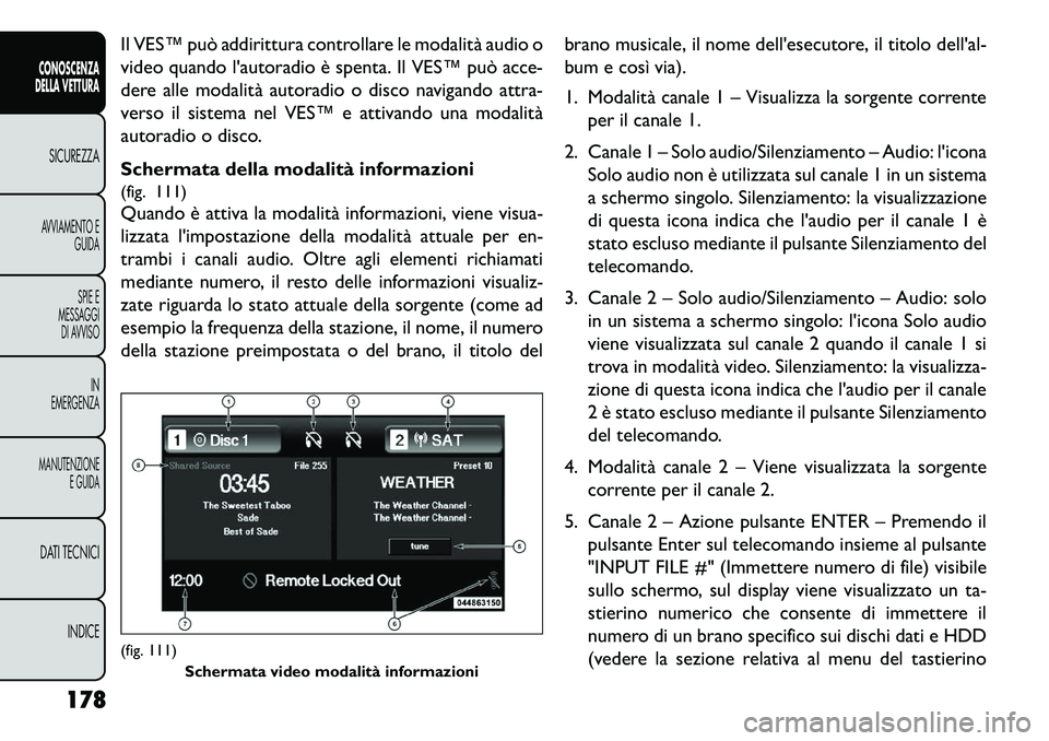 FIAT FREEMONT 2013 Libretto Uso Manutenzione (in Italian) Il VES™ può addirittura controllare le modalità audio o
video quando lautoradio è spenta. Il VES™ può acce-
dere alle modalità autoradio o disco navigando attra-
verso il sistema nel VES™ FIAT FREEMONT 2013 Libretto Uso Manutenzione (in Italian) Il VES™ può addirittura controllare le modalità audio o
video quando lautoradio è spenta. Il VES™ può acce-
dere alle modalità autoradio o disco navigando attra-
verso il sistema nel VES™