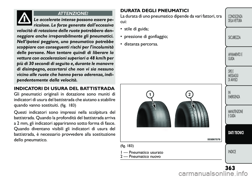 FIAT FREEMONT 2013 Libretto Uso Manutenzione (in Italian) ATTENZIONE!
Le accelerate intense possono essere pe-
r
icolose. Le forze generate dalleccessiva
velocità di rotazione delle ruote potrebbero dan-
neggiare anche irreparabilmente gli pneumatici.
Nel FIAT FREEMONT 2013 Libretto Uso Manutenzione (in Italian) ATTENZIONE!
Le accelerate intense possono essere pe-
r
icolose. Le forze generate dalleccessiva
velocità di rotazione delle ruote potrebbero dan-
neggiare anche irreparabilmente gli pneumatici.
Nel