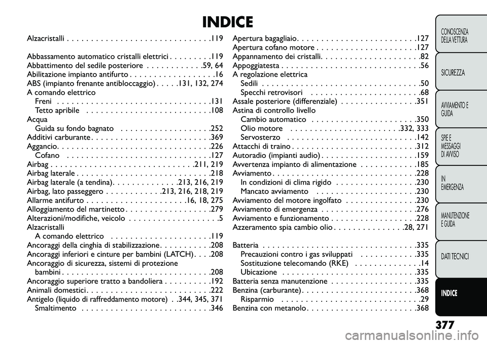 FIAT FREEMONT 2013 Libretto Uso Manutenzione (in Italian) INDICE
Alzacristalli . . . . . . . . . . . . . . . . . . . . . . . . . . . . . .119
Abbassamento automatico cristalli elettrici . . . . . . . . .119
Abbattimento del sedile posteriore . . . . . . . . FIAT FREEMONT 2013 Libretto Uso Manutenzione (in Italian) INDICE
Alzacristalli . . . . . . . . . . . . . . . . . . . . . . . . . . . . . .119
Abbassamento automatico cristalli elettrici . . . . . . . . .119
Abbattimento del sedile posteriore . . . . . . . .