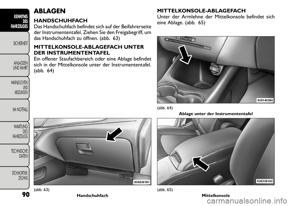 FIAT FREEMONT 2011  Betriebsanleitung (in German) ABLAGEN 
HANDSCHUHFACH 
Das Handschuhfach befindet sich auf der Beifahrerseite
der Instrumententafel. Ziehen Sie den Freigabegriff, um
das Handschuhfach zu öffnen. (abb. 63) 
MITTELKONSOLE-ABLAGEFACH