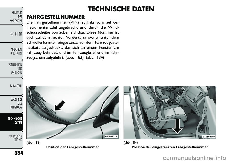 FIAT FREEMONT 2012  Betriebsanleitung (in German) TECHNISCHE DATEN
FAHRGESTELLNUMMER 
Die Fahrgestellnummer (VIN) ist links vorn auf der 
Instrumententafel angebracht und durch die Wind-
schutzscheibe von außen sichtbar. Diese Nummer ist
auch auf de