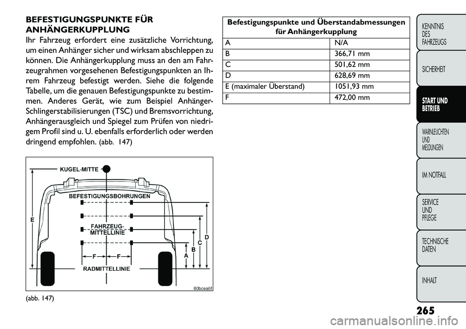 FIAT FREEMONT 2013  Betriebsanleitung (in German) BEFESTIGUNGSPUNKTE FÜR
ANHÄNGERKUPPLUNG
Ihr Fahrzeug erfordert eine zusätzliche Vorrichtung,
um einen Anhänger sicher und wirksam abschleppen zu
können. Die Anhängerkupplung muss an den am Fahr-