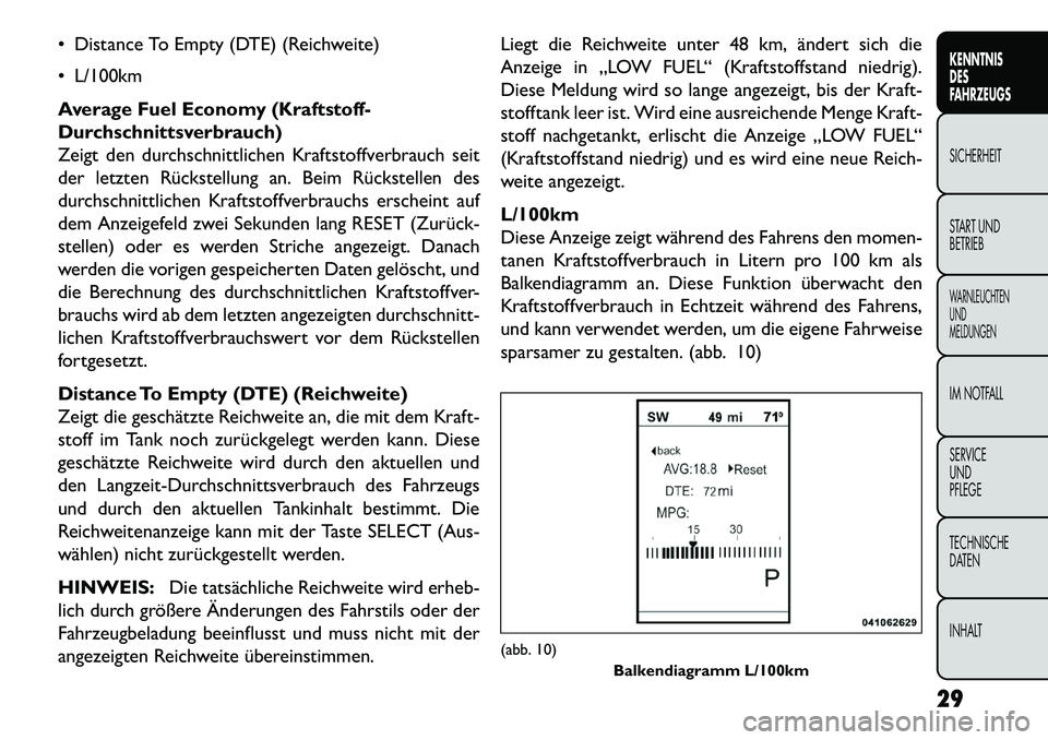FIAT FREEMONT 2013 Betriebsanleitung (in German) Distance To Empty (DTE) (Reichweite)
L/100km
Average Fuel Economy (Kraftstoff-
Durchschnittsverbrauch)
Zeigt den durchschnittlichen Kraftstoffverbrauch seit
der letzten Rückstellung an. Beim Rüc FIAT FREEMONT 2013 Betriebsanleitung (in German) Distance To Empty (DTE) (Reichweite)
L/100km
Average Fuel Economy (Kraftstoff-
Durchschnittsverbrauch)
Zeigt den durchschnittlichen Kraftstoffverbrauch seit
der letzten Rückstellung an. Beim Rüc
