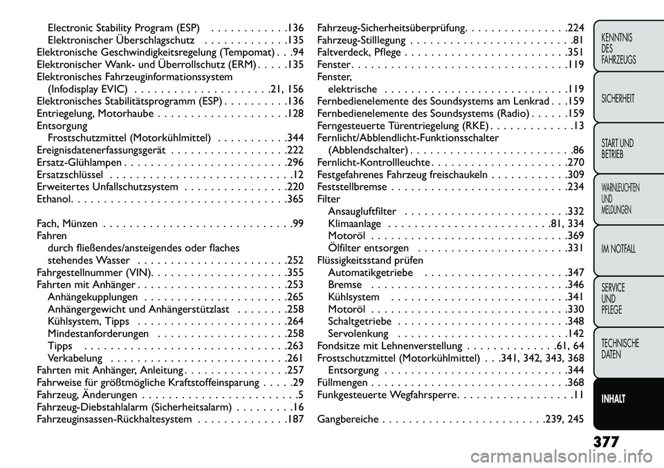 FIAT FREEMONT 2013  Betriebsanleitung (in German) Electronic Stability Program (ESP) . . . . . . . . . . . .136
Elektronischer Überschlagschutz . . . . . . . . . . . . .135
Elektronische Geschwindigkeitsregelung (Tempomat) . . .94
Elektronischer Wan