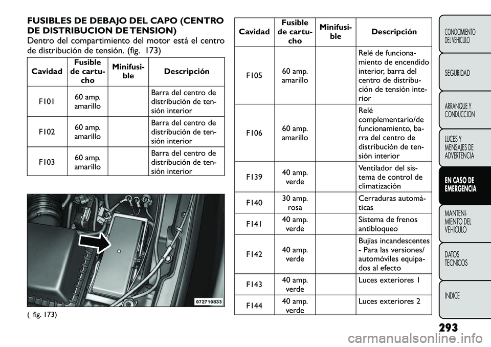FIAT FREEMONT 2012  Manual de Empleo y Cuidado (in Spanish) FUSIBLES DE DEBAJO DEL CAPO (CENTRO 
DE DISTRIBUCION DE TENSION)
Dentro del compartimiento del motor está el centro
de distribución de tensión. (fig. 173)CavidadFusible
de cartu- cho Minifusi-
ble 