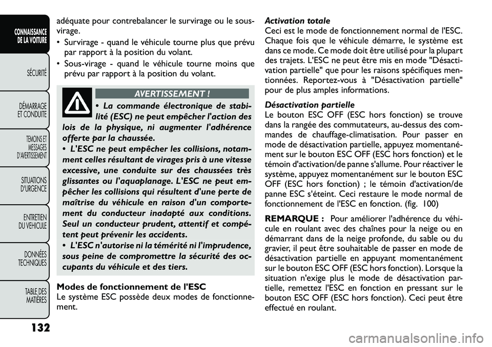 FIAT FREEMONT 2012  Notice dentretien (in French) adéquate pour contrebalancer le survirage ou le sous- 
virage. 
• Survirage - quand le véhicule tourne plus que prévupar rapport à la position du volant.
• Sous-virage - quand le véhicule tou