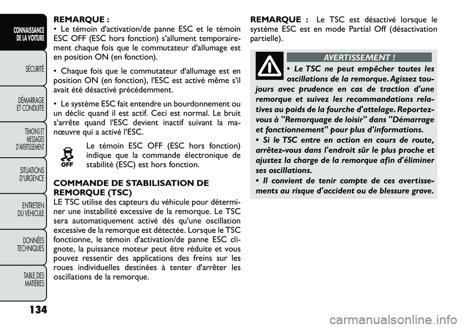 FIAT FREEMONT 2012  Notice dentretien (in French) REMARQUE : 
• Le témoin d'activation/de panne ESC et le témoin
ESC OFF (ESC hors fonction) s'allument temporaire-
ment chaque fois que le commutateur d'allumage est
en position ON (en 