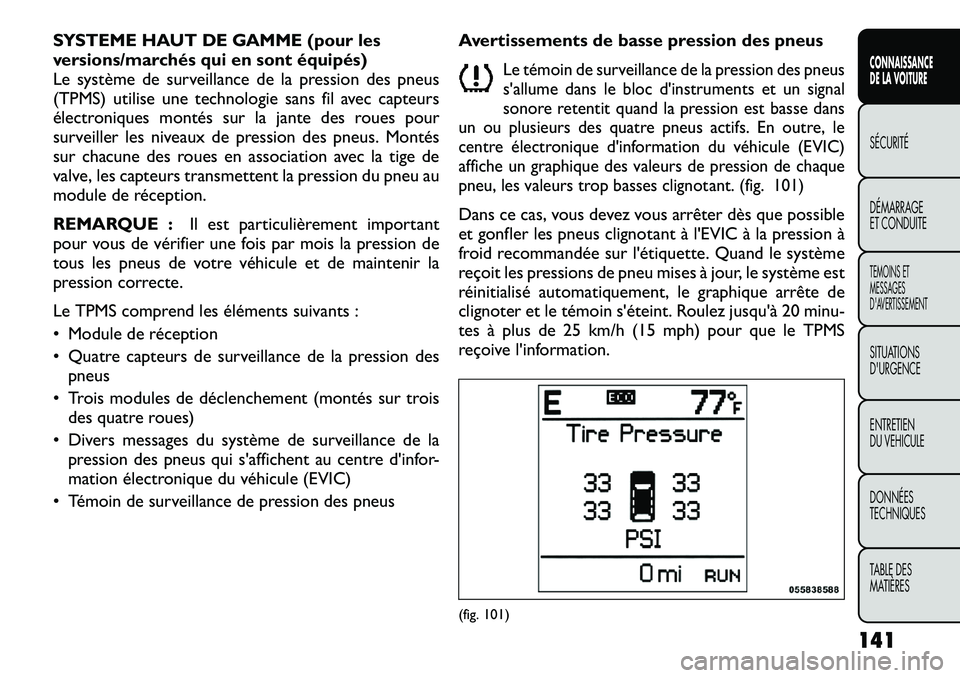 FIAT FREEMONT 2012  Notice dentretien (in French) SYSTEME HAUT DE GAMME (pour les 
versions/marchés qui en sont équipés)
Le système de surveillance de la pression des pneus
(TPMS) utilise une technologie sans fil avec capteurs
électroniques mont
