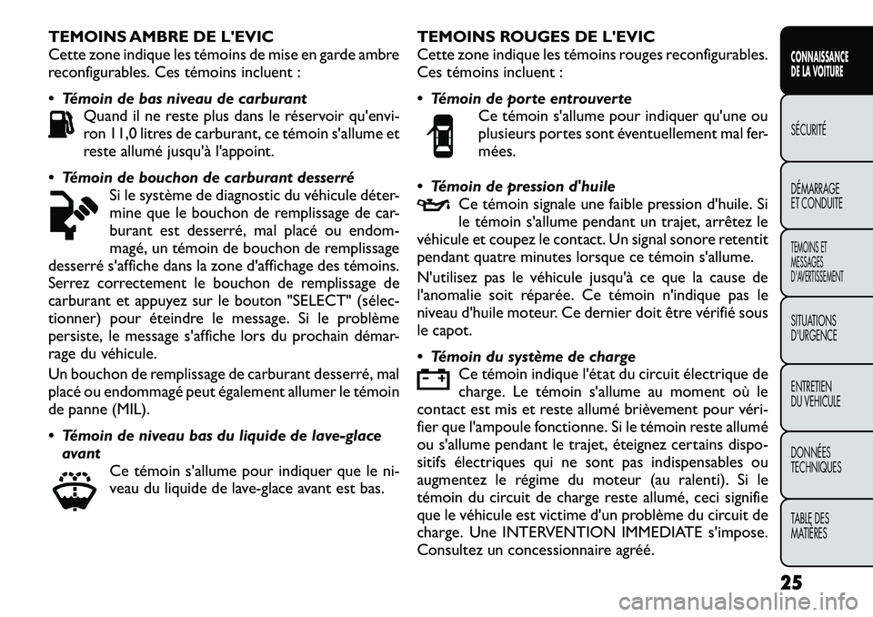 FIAT FREEMONT 2012  Notice dentretien (in French) TEMOINS AMBRE DE LEVIC 
Cette zone indique les témoins de mise en garde ambre
reconfigurables. Ces témoins incluent : 
 Témoin de bas niveau de carburantQuand il ne reste plus dans le réservoir 