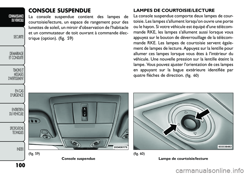 FIAT FREEMONT 2013 Notice dentretien (in French) CONSOLE SUSPENDUE
La console suspendue contient des lampes de
courtoisie/lecture, un espace de rangement pour des
lunettes de soleil, un miroir dobservation de lhabitacle
et un commutateur de toit o FIAT FREEMONT 2013 Notice dentretien (in French) CONSOLE SUSPENDUE
La console suspendue contient des lampes de
courtoisie/lecture, un espace de rangement pour des
lunettes de soleil, un miroir dobservation de lhabitacle
et un commutateur de toit o