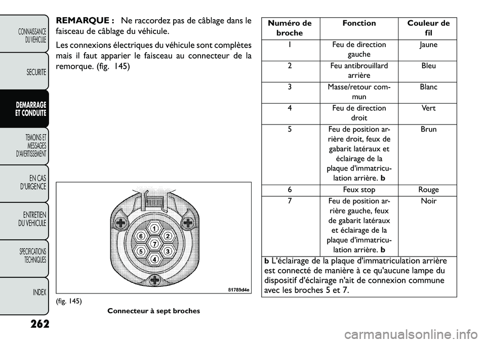 FIAT FREEMONT 2013  Notice dentretien (in French) REMARQUE :Ne raccordez pas de câblage dans le
faisceau de câblage du véhicule.
Les connexions électriques du véhicule sont complètes
mais il faut apparier le faisceau au connecteur de la
remorqu