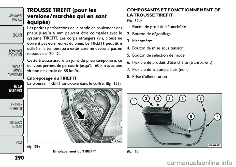 FIAT FREEMONT 2013  Notice dentretien (in French) TROUSSE TIREFIT (pour les
versions/marchés qui en sont
équipés)
Les petites perforations de la bande de roulement des
pneus jusquà 6 mm peuvent être colmatées avec le
système TIREFIT. Les corp