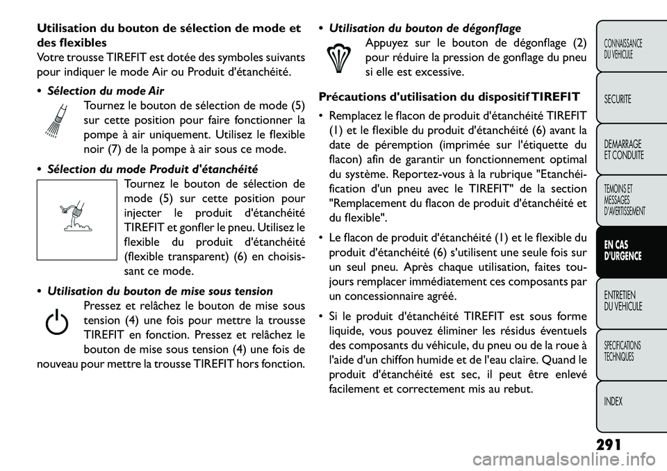 FIAT FREEMONT 2013  Notice dentretien (in French) Utilisation du bouton de sélection de mode et
des flexibles
Votre trousse TIREFIT est dotée des symboles suivants
pour indiquer le mode Air ou Produit détanchéité.
 Sélection du mode AirTourne