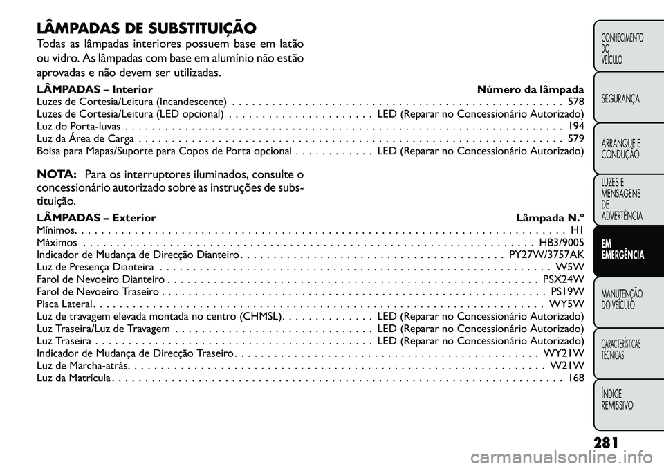 FIAT FREEMONT 2012  Manual de Uso e Manutenção (in Portuguese) LÂMPADAS DE SUBSTITUIÇÃO 
Todas as lâmpadas interiores possuem base em latão 
ou vidro. As lâmpadas com base em alumínio não estão
aprovadas e não devem ser utilizadas. 
LÂMPADAS – Interi