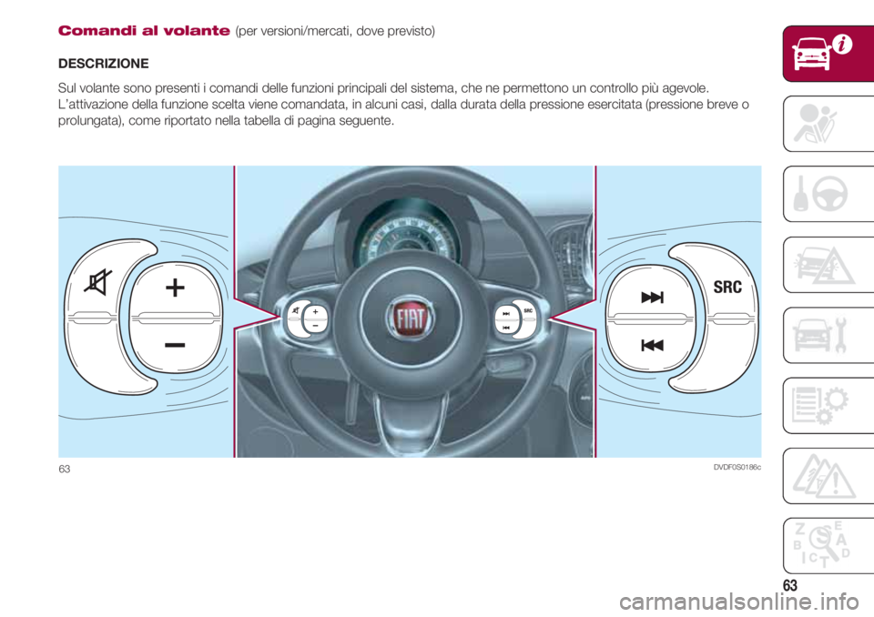 FIAT 500 2018  Libretto Uso Manutenzione (in Italian) 63
Comandi al volante (per versioni/mercati, dove previsto)
DESCRIZIONE
Sul volante sono presenti i comandi delle funzioni principali del sistema, che ne permettono un controllo più agevole.
L’atti