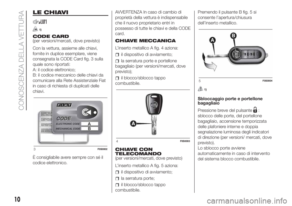 FIAT 500 2020 Libretto Uso Manutenzione (in Italian) LE CHIAVI
1)
CODE CARD
(per versioni/mercati, dove previsto)
Con la vettura, assieme alle chiavi,
fornite in duplice esemplare, viene
consegnata la CODE Card fig. 3 sulla
quale sono riportati:
A: il c FIAT 500 2020 Libretto Uso Manutenzione (in Italian) LE CHIAVI
1)
CODE CARD
(per versioni/mercati, dove previsto)
Con la vettura, assieme alle chiavi,
fornite in duplice esemplare, viene
consegnata la CODE Card fig. 3 sulla
quale sono riportati:
A: il c