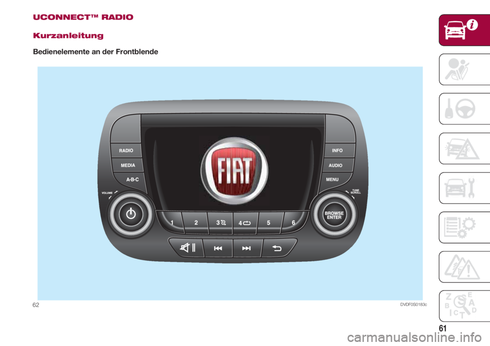 FIAT 500 2018  Betriebsanleitung (in German) 61
UCONNECT ™ RADIO 
Kurzanleitung
Bedienelemente an der Frontblende
DVDF0S0183c62 