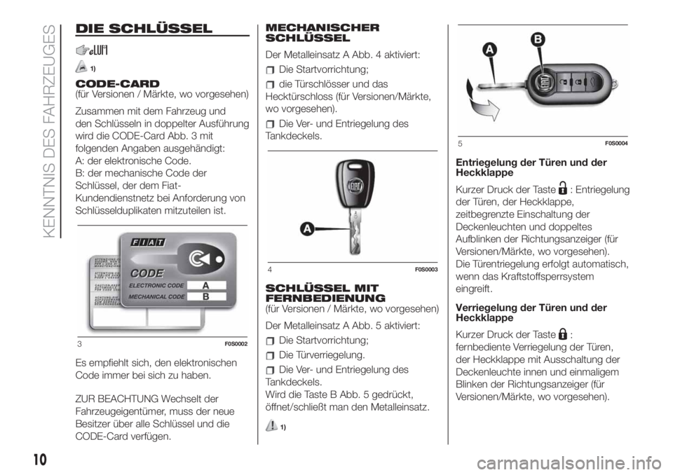 FIAT 500 2019 Betriebsanleitung (in German) DIE SCHLÜSSEL
1)
CODE-CARD
(für Versionen / Märkte, wo vorgesehen)
Zusammen mit dem Fahrzeug und
den Schlüsseln in doppelter Ausführung
wird die CODE-Card Abb. 3 mit
folgenden Angaben ausgehändi FIAT 500 2019 Betriebsanleitung (in German) DIE SCHLÜSSEL
1)
CODE-CARD
(für Versionen / Märkte, wo vorgesehen)
Zusammen mit dem Fahrzeug und
den Schlüsseln in doppelter Ausführung
wird die CODE-Card Abb. 3 mit
folgenden Angaben ausgehändi