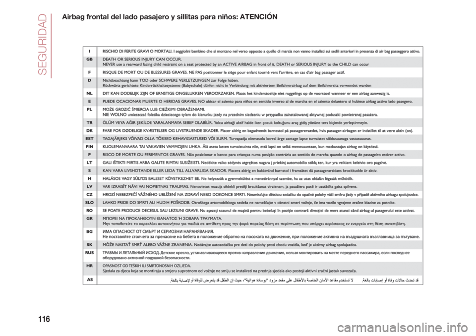 FIAT 500 2018  Manual de Empleo y Cuidado (in Spanish) SEGURIDAD
116
Airbag frontal del lado pasajero y sillitas para niños: ATENCIÓN 
