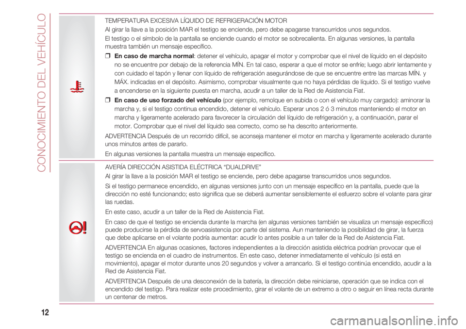 FIAT 500 2018 Manual de Empleo y Cuidado (in Spanish) CONOCIMIENTO DEL VEHÍCULO
12
TEMPERATURA EXCESIVA LÍQUIDO DE REFRIGERACIÓN MOTOR
Al girar la llave a la posición MAR el testigo se enciende, pero debe apagarse transcurridos unos segundos.
El te FIAT 500 2018 Manual de Empleo y Cuidado (in Spanish) CONOCIMIENTO DEL VEHÍCULO
12
TEMPERATURA EXCESIVA LÍQUIDO DE REFRIGERACIÓN MOTOR
Al girar la llave a la posición MAR el testigo se enciende, pero debe apagarse transcurridos unos segundos.
El te