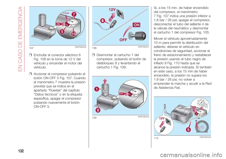 FIAT 500 2018 Manual de Empleo y Cuidado (in Spanish) EN CASO DE EMERGENCIA
132
❒ Enchufar el conector eléctrico 6
Fig. 108 en la toma de 12 V del
vehículo y encender el motor del
vehículo.
❒ Accionar el compresor pulsando el
botón ON-OFF 5 Fig FIAT 500 2018 Manual de Empleo y Cuidado (in Spanish) EN CASO DE EMERGENCIA
132
❒ Enchufar el conector eléctrico 6
Fig. 108 en la toma de 12 V del
vehículo y encender el motor del
vehículo.
❒ Accionar el compresor pulsando el
botón ON-OFF 5 Fig