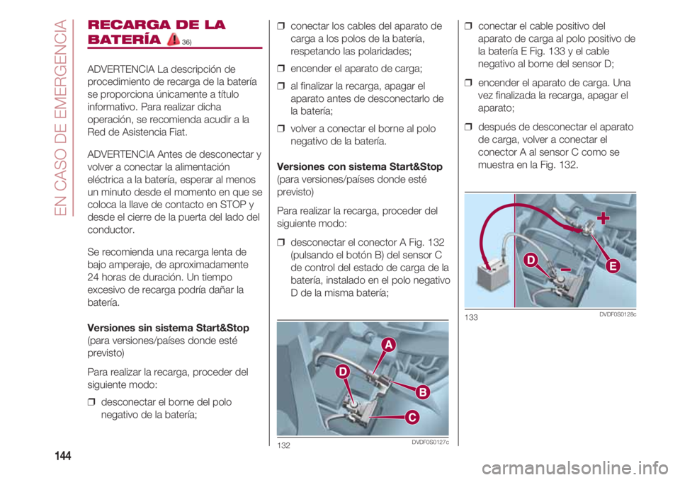 FIAT 500 2018 Manual de Empleo y Cuidado (in Spanish) EN CASO DE EMERGENCIA
144
RECARGA DE LA
BATERÍA 36)
ADVERTENCIA La descripción de
procedimiento de recarga de la batería
se proporciona únicamente a título
informativo. Para realizar dicha
operac FIAT 500 2018 Manual de Empleo y Cuidado (in Spanish) EN CASO DE EMERGENCIA
144
RECARGA DE LA
BATERÍA 36)
ADVERTENCIA La descripción de
procedimiento de recarga de la batería
se proporciona únicamente a título
informativo. Para realizar dicha
operac