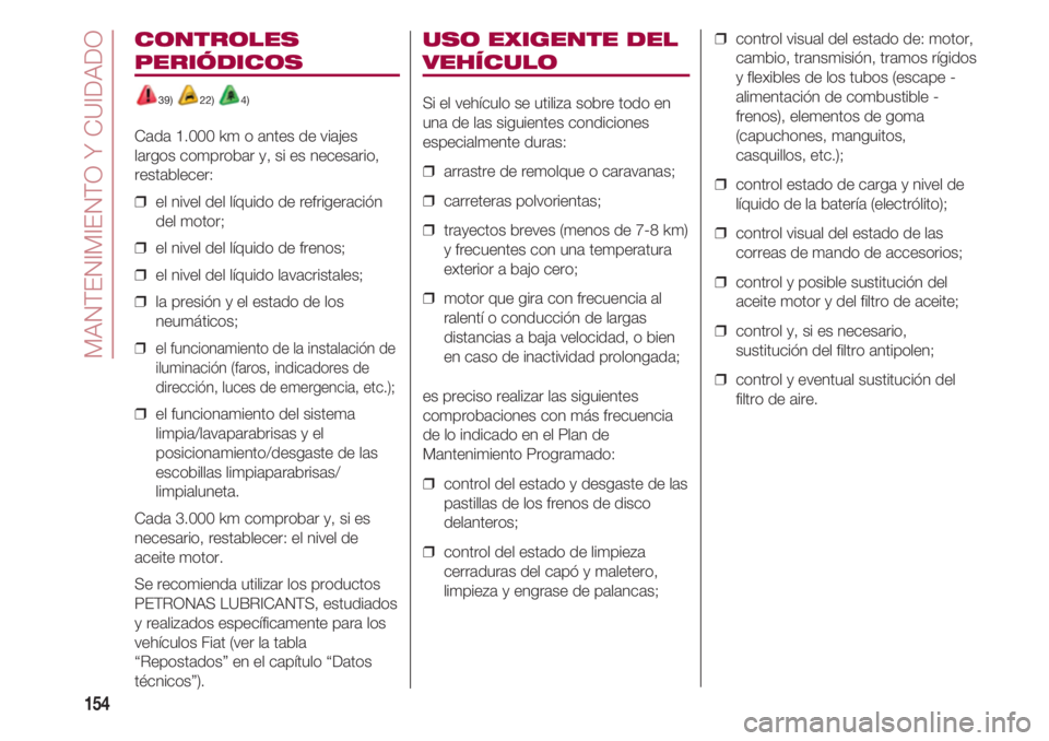 FIAT 500 2018 Manual de Empleo y Cuidado (in Spanish) MANTENIMIENTO Y CUIDADO
154
CONTROLES
PERIÓDICOS
39) 22) 4)
Cada 1.000 km o antes de viajes
largos comprobar y, si es necesario,
restablecer:
❒ el nivel del líquido de refrigeración
del motor; FIAT 500 2018 Manual de Empleo y Cuidado (in Spanish) MANTENIMIENTO Y CUIDADO
154
CONTROLES
PERIÓDICOS
39) 22) 4)
Cada 1.000 km o antes de viajes
largos comprobar y, si es necesario,
restablecer:
❒ el nivel del líquido de refrigeración
del motor;
