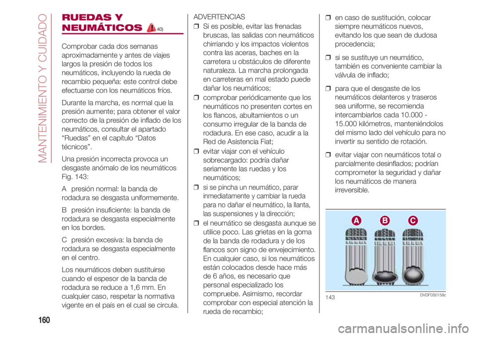FIAT 500 2018 Manual de Empleo y Cuidado (in Spanish) MANTENIMIENTO Y CUIDADO
160
RUEDAS Y
NEUMÁTICOS 40)
Comprobar cada dos semanas
aproximadamente y antes de viajes
largos la presión de todos los
neumáticos, incluyendo la rueda de
recambio pequeña: FIAT 500 2018 Manual de Empleo y Cuidado (in Spanish) MANTENIMIENTO Y CUIDADO
160
RUEDAS Y
NEUMÁTICOS 40)
Comprobar cada dos semanas
aproximadamente y antes de viajes
largos la presión de todos los
neumáticos, incluyendo la rueda de
recambio pequeña: