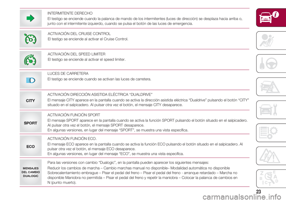 FIAT 500 2018 Manual de Empleo y Cuidado (in Spanish) 23
INTERMITENTE DERECHO
El testigo se enciende cuando la palanca de mando de los intermitentes (luces de dirección) se desplaza hacia arriba o,
junto con el intermitente izquierdo, cuando se pulsa el FIAT 500 2018 Manual de Empleo y Cuidado (in Spanish) 23
INTERMITENTE DERECHO
El testigo se enciende cuando la palanca de mando de los intermitentes (luces de dirección) se desplaza hacia arriba o,
junto con el intermitente izquierdo, cuando se pulsa el