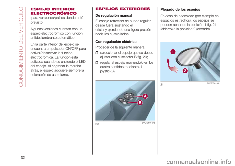FIAT 500 2018 Manual de Empleo y Cuidado (in Spanish) CONOCIMIENTO DEL VEHÍCULO
32
ESPEJO INTERIOR
ELECTROCRÓMICO
(para versiones/países donde esté
previsto)
Algunas versiones cuentan con un
espejo electrocrómico con función
antideslumbrante autom FIAT 500 2018 Manual de Empleo y Cuidado (in Spanish) CONOCIMIENTO DEL VEHÍCULO
32
ESPEJO INTERIOR
ELECTROCRÓMICO
(para versiones/países donde esté
previsto)
Algunas versiones cuentan con un
espejo electrocrómico con función
antideslumbrante autom
