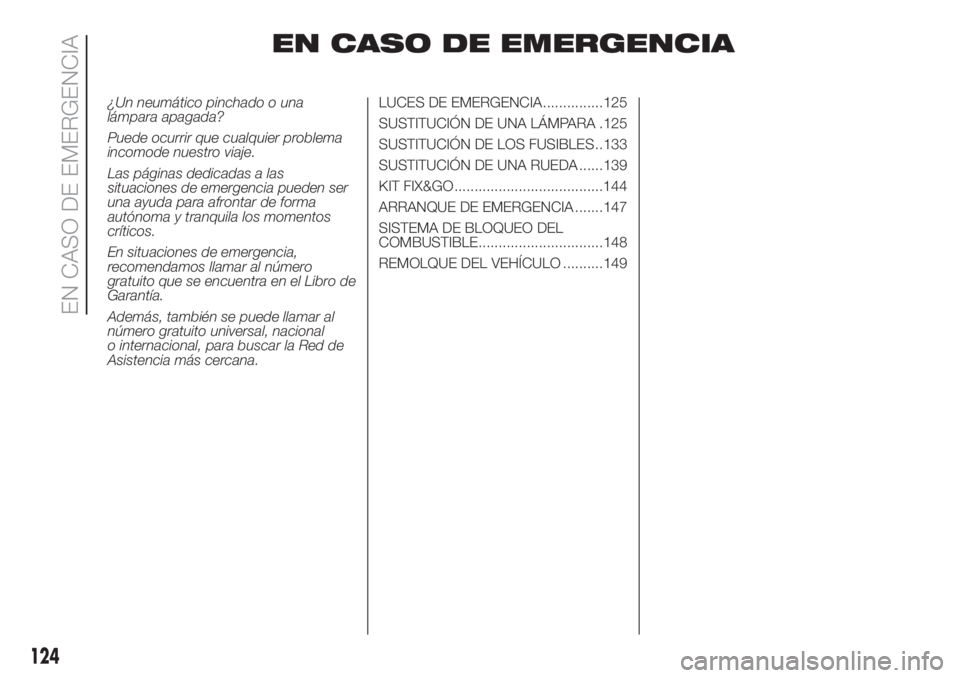 FIAT 500 2020  Manual de Empleo y Cuidado (in Spanish) EN CASO DE EMERGENCIA
¿Un neumático pinchado o una
lámpara apagada?
Puede ocurrir que cualquier problema
incomode nuestro viaje.
Las páginas dedicadas a las
situaciones de emergencia pueden ser
un