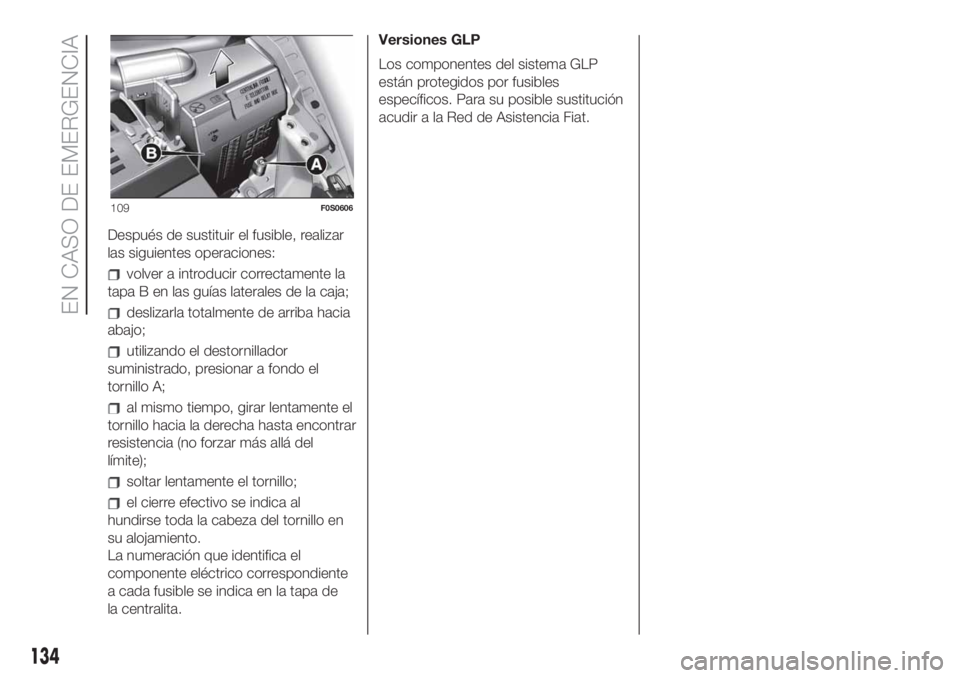 FIAT 500 2020  Manual de Empleo y Cuidado (in Spanish) Después de sustituir el fusible, realizar
las siguientes operaciones:
volver a introducir correctamente la
tapa B en las guías laterales de la caja;
deslizarla totalmente de arriba hacia
abajo;
util