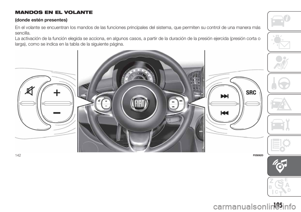 FIAT 500 2020  Manual de Empleo y Cuidado (in Spanish) MANDOS EN EL VOLANTE
(donde estén presentes)
En el volante se encuentran los mandos de las funciones principales del sistema, que permiten su control de una manera más
sencilla.
La activación de la