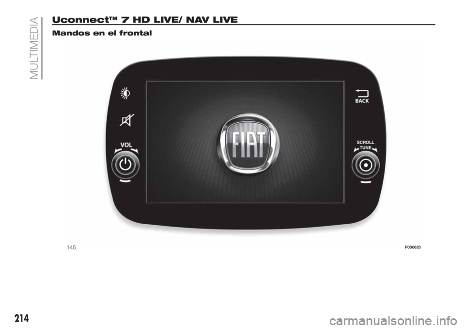 FIAT 500 2020  Manual de Empleo y Cuidado (in Spanish) Uconnect™ 7 HD LIVE/ NAV LIVE.
Mandos en el frontal
145F0S0623
214
MULTIMEDIA 