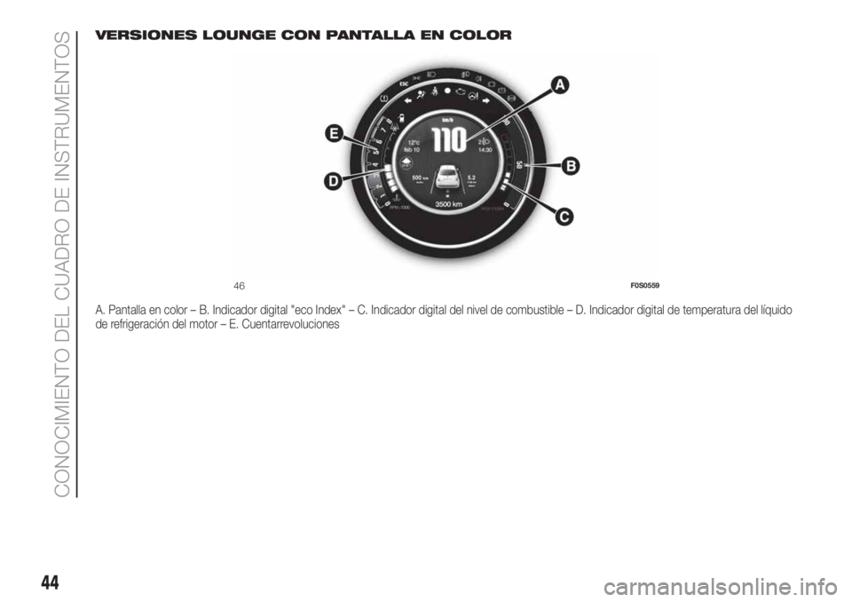 FIAT 500 2020  Manual de Empleo y Cuidado (in Spanish) VERSIONES LOUNGE CON PANTALLA EN COLOR
A. Pantalla en color – B. Indicador digital "eco Index" – C. Indicador digital del nivel de combustible – D. Indicador digital de temperatura del l